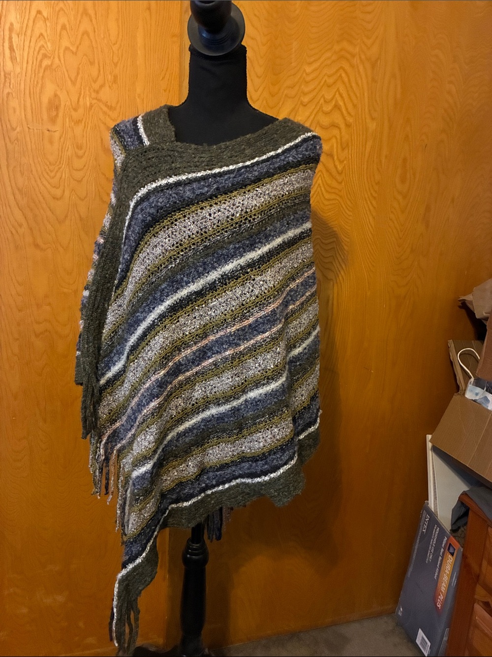 Striped Knit Poncho in Olive, Gray & Cream